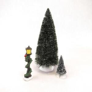 Lemax & Dept 56 Set of 2 Pine Trees with Snow 1 Lamp Christmas Dickens Village